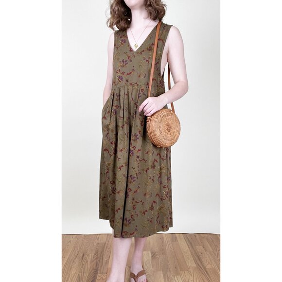 Vintage Floral Pinafore Midi Maxi Dress Pleated Relaxed Fit Whimsigoth Rustic - Picture 2 of 8